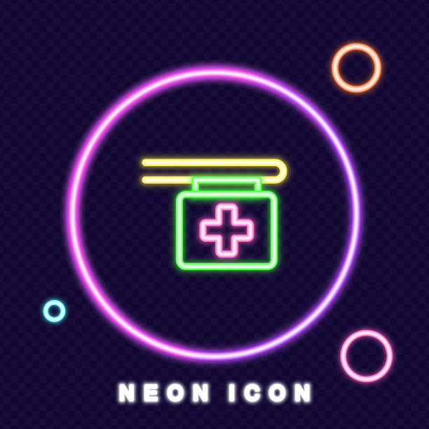 医学组图标。药房，疾病，治疗，药物，医院，医生，药片，止痛药卫生保健的概念。氖辉光的风格。矢量线图标的业务和广告图片下载