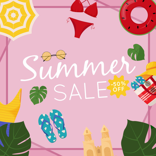 夏季销售网页横幅设计。夏季销售折扣文本与海滩元素，如泳装，沙滩球和人字拖夏季季节促销横幅，墙纸，传单，邀请，海报，小册子。平面向量插图。图片下载