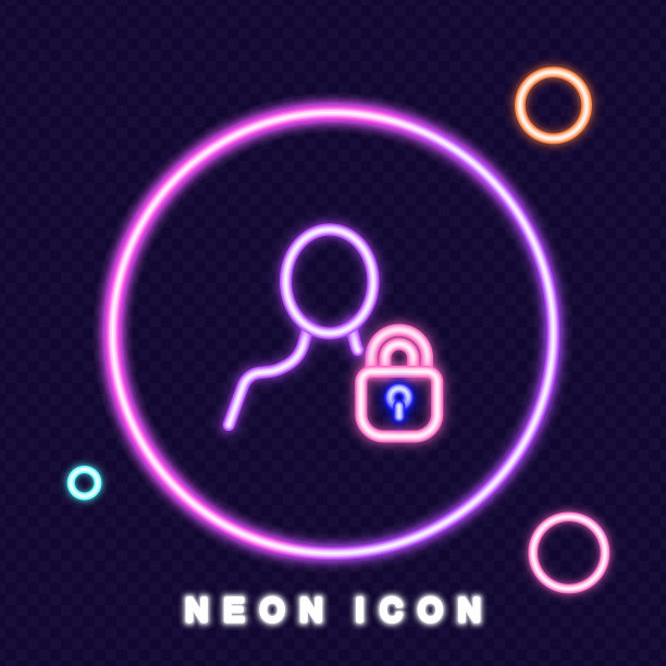 男子与锁线图标。保护，黑客，反病毒，密码，验证，安全。国防的概念。氖辉光的风格。矢量线图标的业务和广告图片下载