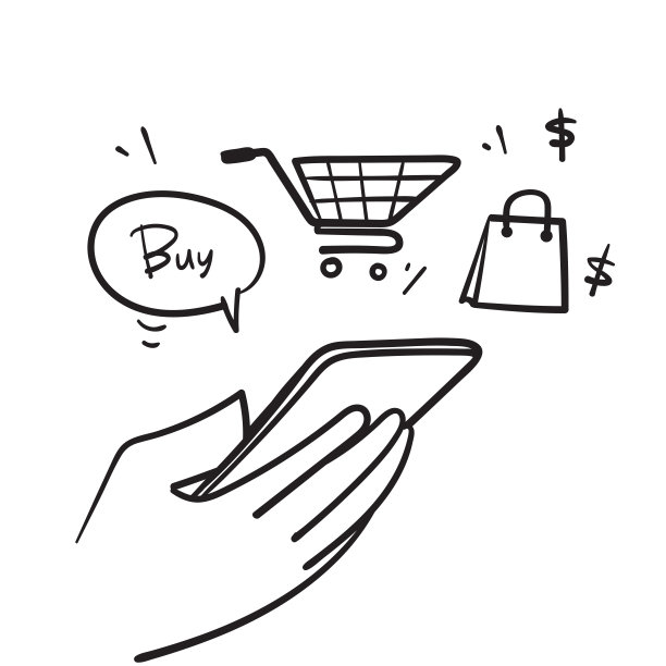 手绘涂鸦手持电话与购物篮或购物车插图图片下载