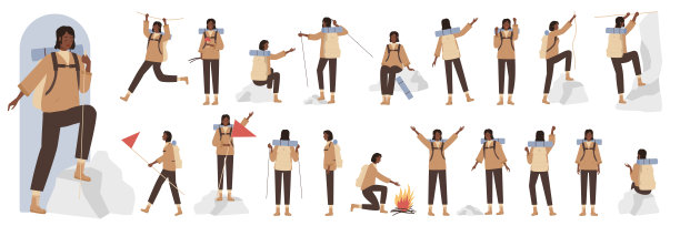 黑人女游客人物以不同的姿势组合，带着背包登山、徒步旅行图片下载