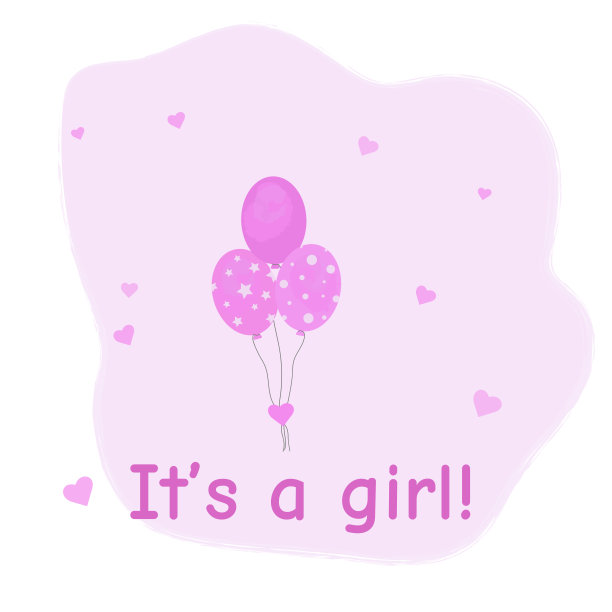 一堆生日和性别派对用的气球。不同的飞行气球绳。白色的背景上有粉色的球和红心，上面写着一个女孩!卡通风格的气球图片下载