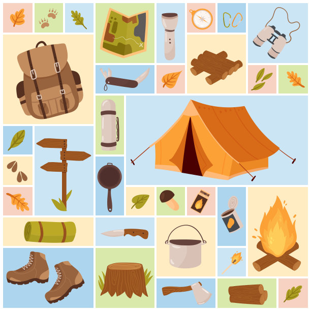 适合远足探险的野营工具、夏季森林露营地和旅游用品图片下载