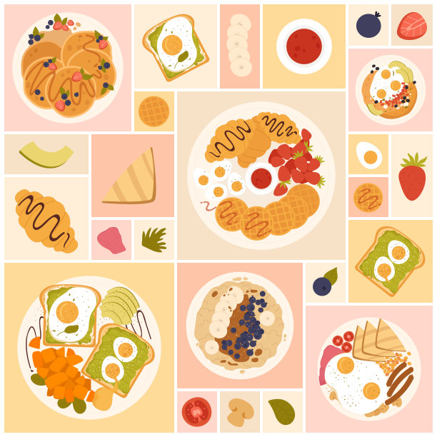 早餐套餐，餐厅或咖啡厅的健康早餐菜单，餐盘俯视图图片下载