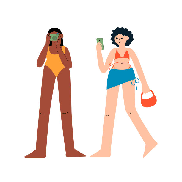 可爱的女人穿着泳装站在相机上拍照图片下载