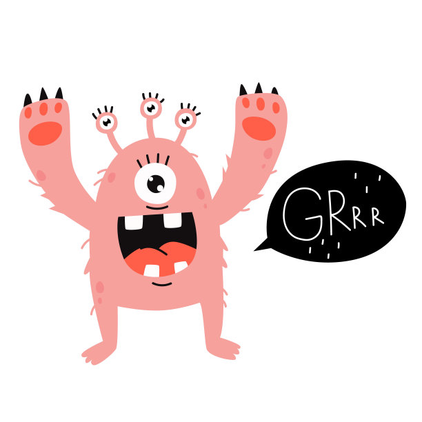 一个可爱的粉色怪物，上面写着GRRR。矢量图图片下载