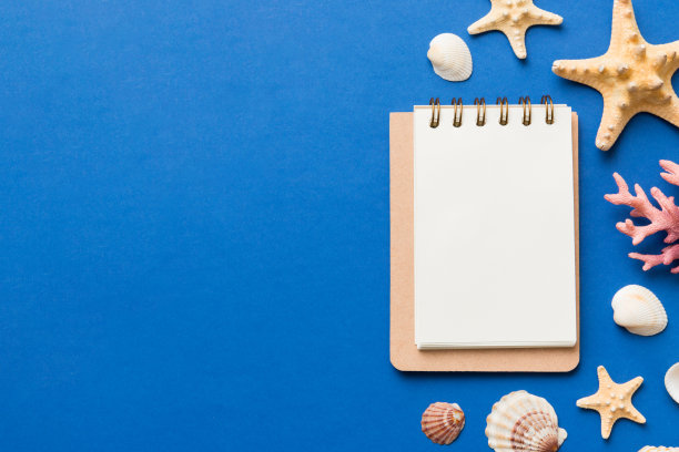 空白书写书与夏季海滩配件的背景，拷贝空间。平面铺设与拷贝空间图片下载
