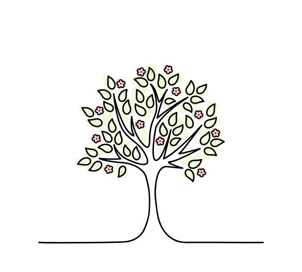 盛开的树木，粉色的花朵，黑色的线向量插画，自然概念，园艺，墙壁装饰，简单的元素，连续的形象图片下载