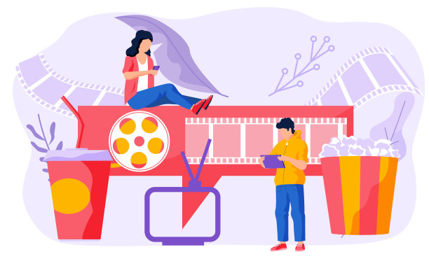 在线电影，互联网流媒体插画。人们在老胶片旁边摆着食物和饮料图片下载
