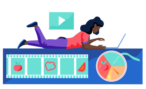 一个女人躺在地板上，用笔记本电脑看烹饪直播，关于食物的视频图片下载