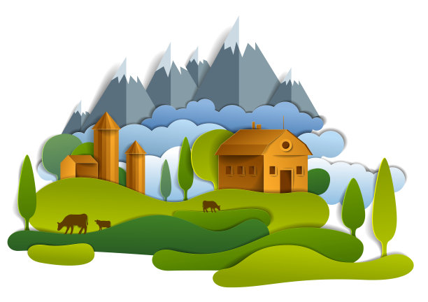 风景如画的农场建筑在草地和树木之间，山脉在背景，矢量插图的夏天放松的自然剪纸风格。乡村美丽的牧场。图片下载