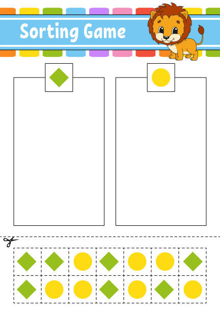 孩子们的分类游戏。削减和胶水。教育发展工作表。儿童配对游戏。颜色活动页面。对儿童拼图。可爱的性格。矢量插图。卡通风格。图片下载
