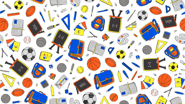 返校无缝图案。许多学校的物品散落在白色的背景上。图片下载