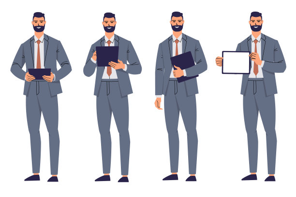 一组商人手持平板电脑的姿势。使用时，手持，输入文字，显示空白屏幕。大胡子男人，办公室职员，领导。图片下载