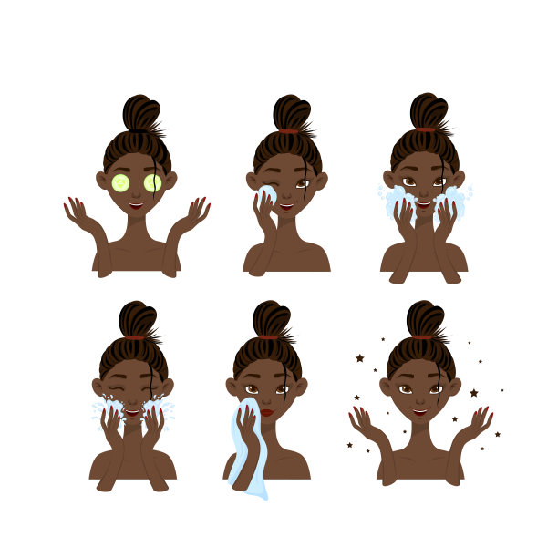 美容套装护肤非洲女孩。卡通风格。矢量插图。图片下载