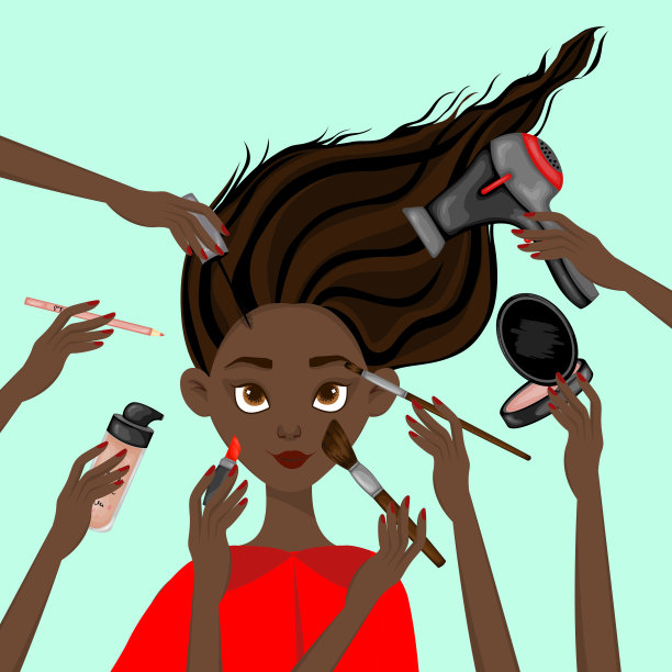 深色皮肤的女孩周围的美容项目。卡通风格。矢量插图。图片下载