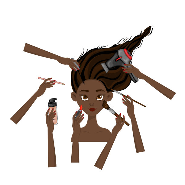 美丽插图与女性非洲脸和手与化妆品。卡通风格。向量。图片下载