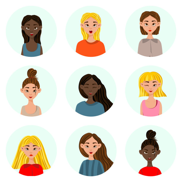 有不同面部表情和情绪的女孩。卡通风格。矢量插图。图片下载