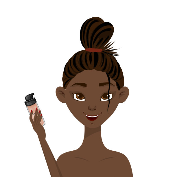 美丽的非洲女人拿着一瓶粉底在他的手。卡通风格。矢量插图。图片下载