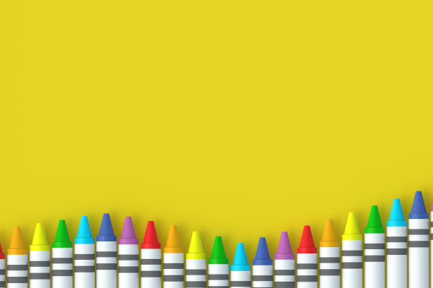 黄色背景上的一排蜡笔。彩色铅笔。回到学校概念。学前教育。前视图。副本的空间。三维渲染图片下载