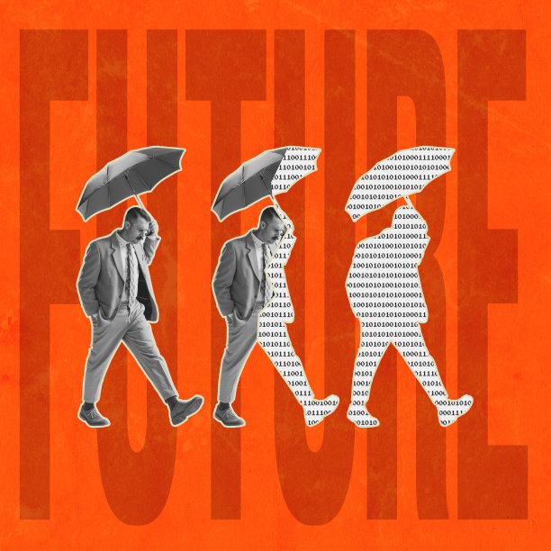 海报图形。商人穿着复古西装，雨伞上有字母的橙色背景。当代艺术拼贴。新闻，黑客帝国，技术，克隆，数字现实图片下载