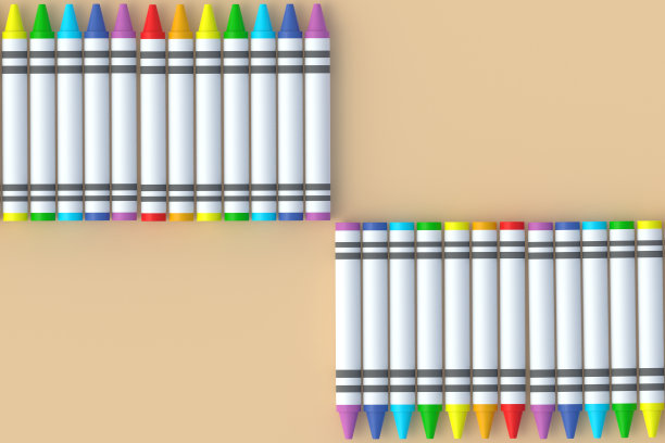 一排排蜡笔在米色背景。彩色铅笔。回到学校概念。学前教育。前视图。副本的空间。三维渲染图片下载