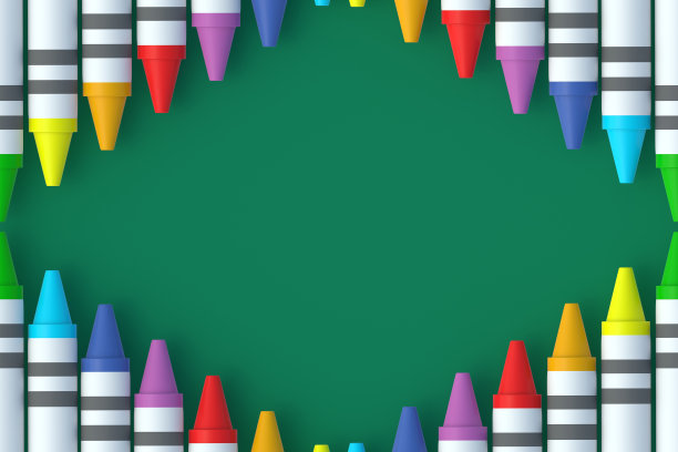 框架蜡蜡笔在绿色的背景。彩色铅笔。回到学校概念。学前教育。前视图。副本的空间。三维渲染图片下载