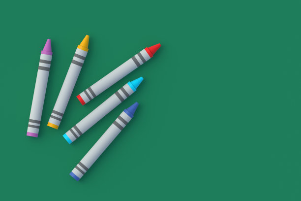 绿色背景的各种蜡笔。彩色铅笔。回到学校概念。学前教育。副本的空间。前视图。三维渲染图片下载