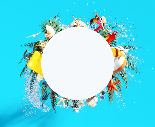 空白色模拟圈与海滩和旅游配件在绿松石蓝色的背景图片下载