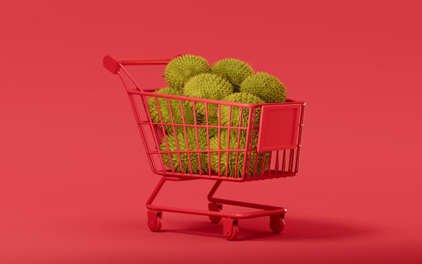榴莲配购物车，3d渲染。图片下载