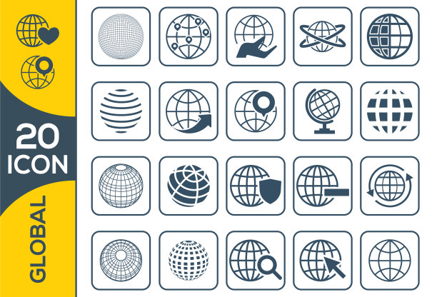 简单的全球相关的轮廓图标集合图片下载