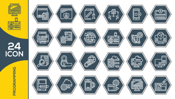 编程和编码图标设置在细线图片下载