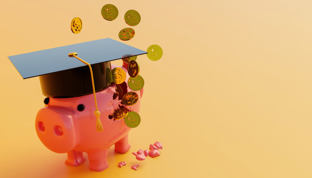 3D插图破碎的储蓄罐与硬币和毕业帽。图片下载