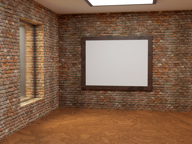室内有阁楼风格，砖墙上有模型。空白白色相框为您的设计。窗户、灯、木地板。3 d渲染插图。图片下载