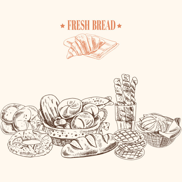 面包店的横幅上有手工绘制的新鲜面包。素描面包产品法棍和椒盐卷饼矢量插图集。用于印刷、标签、包装的图标和元素。图片下载