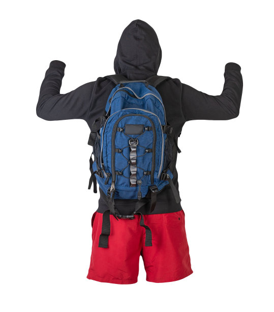 背包，运动衫，白色背景的短裤。图片下载