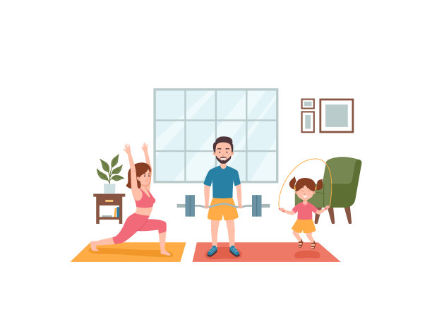 家庭体育活动和健康的生活方式平坦图片下载