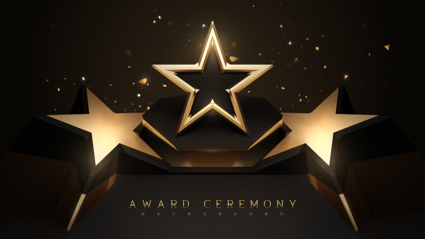 颁奖典礼背景与领奖台和3d金星元素和闪光的灯光效果装饰。图片下载