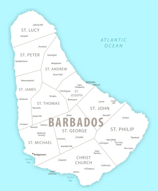 巴巴多斯的详细地图上有该国的地区和城市。图片下载