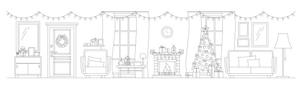 舒适的圣诞走廊入口房间线条艺术室内。图片下载