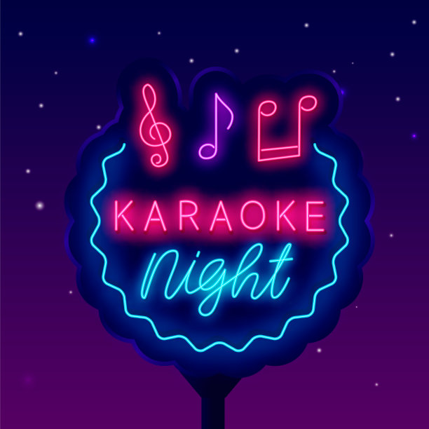 卡拉ok之夜霓虹灯招牌。圆波浪状和音符。晚上街上的广告牌。向量股票插图图片下载