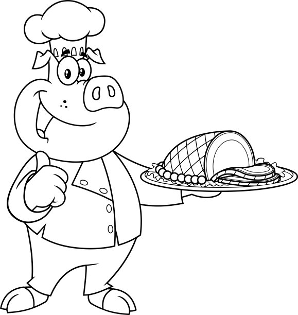 描绘了快乐厨师猪卡通吉祥物的角色，手握装饰熏猪肉或火腿片图片下载