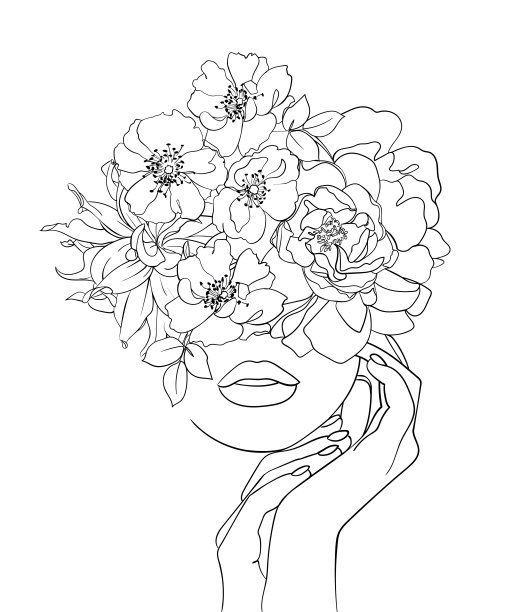 女人头与花一线画。——矢量图图片下载