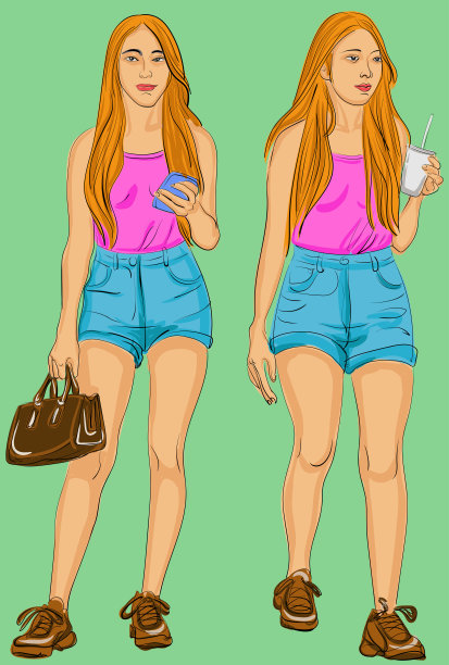 牛仔短裤t恤金发女孩前面站立矢量插图图片下载