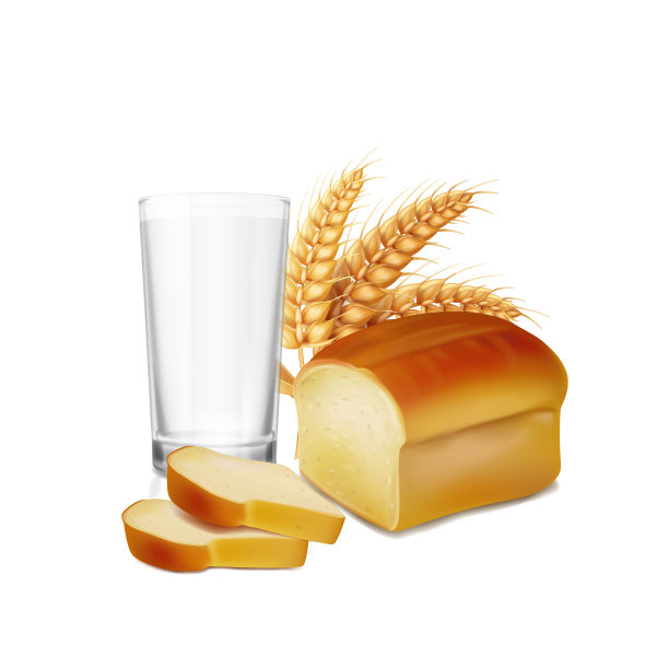 面包配牛奶杯。小麦穗，白面包图片下载