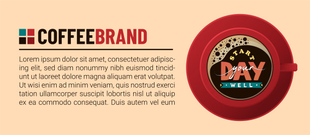 矢量横幅样本logo和文字，插图的红色咖啡杯和手写的励志名言说开始你的一天好。当地咖啡店的设计理念、标识模板图片下载