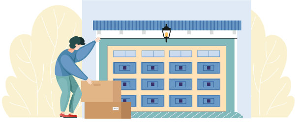 男性角色把不想要的旧垃圾放在车库里图片下载