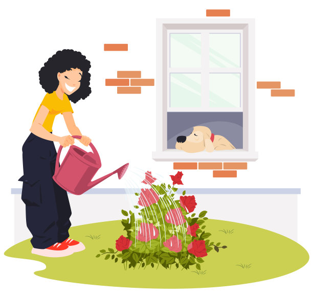 女孩在家附近浇花上网和图片下载