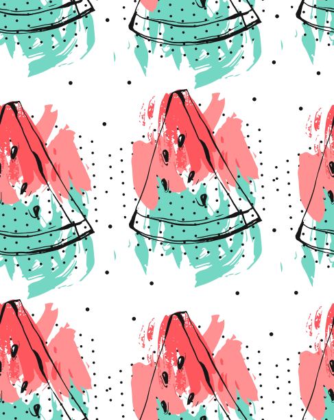 手绘矢量抽象拼贴无缝模式与西瓜水果隔离在白色背景。不寻常的装饰夏季婚礼，生日，保存日期，日志，时尚面料。图片下载