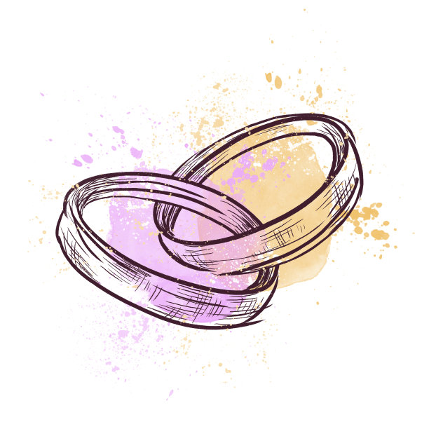 一对结婚戒指，一幅带有粉色和橙色斑点的老式水彩画素描。图片下载